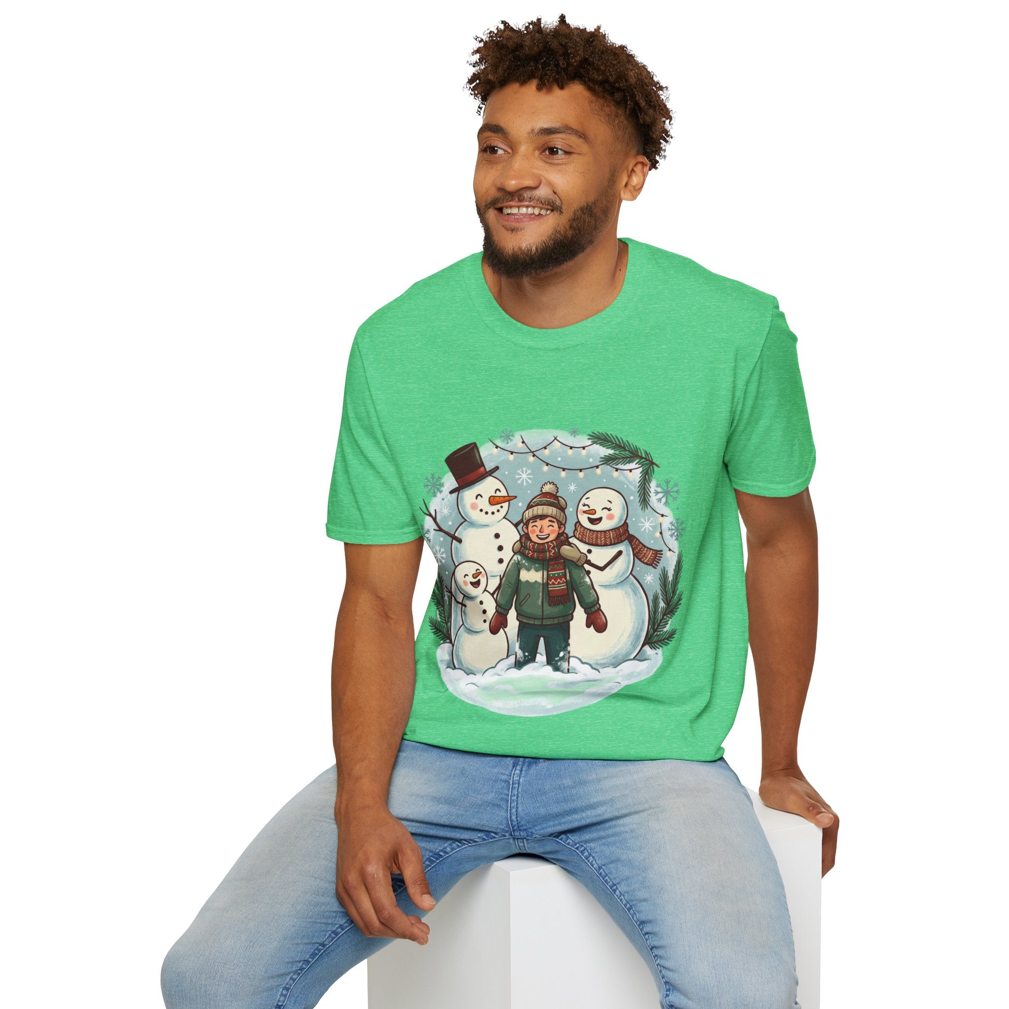 Christmas T-Shirt: Snow family making human snowman