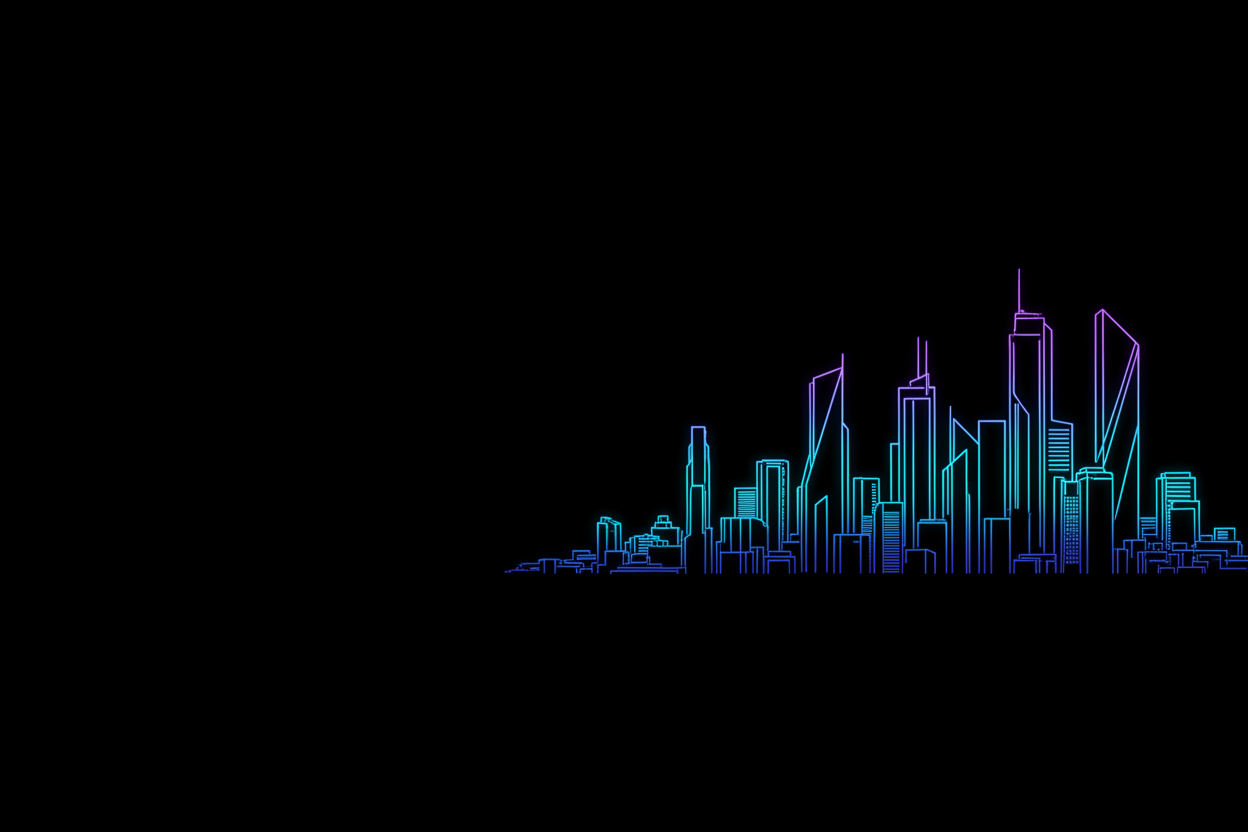 a city skyline outline in neon glow on black background from center to right side and leave empty on left side for description
