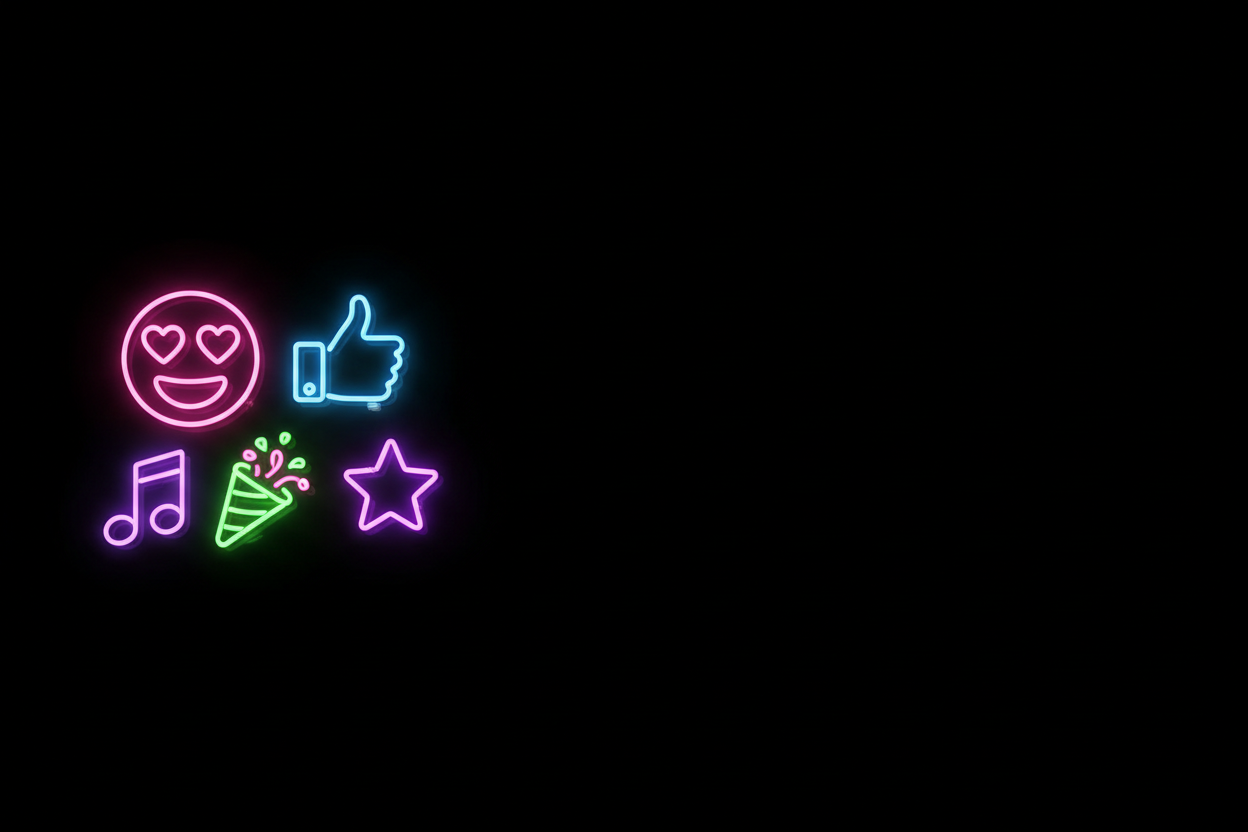create a black background with some emojis in neon light on the left side in the center and keep the right side empty and dark. make it on a horizontal panel