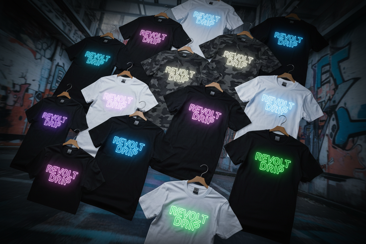 create a collage of t-shirts with our brand name revolt drip in neon