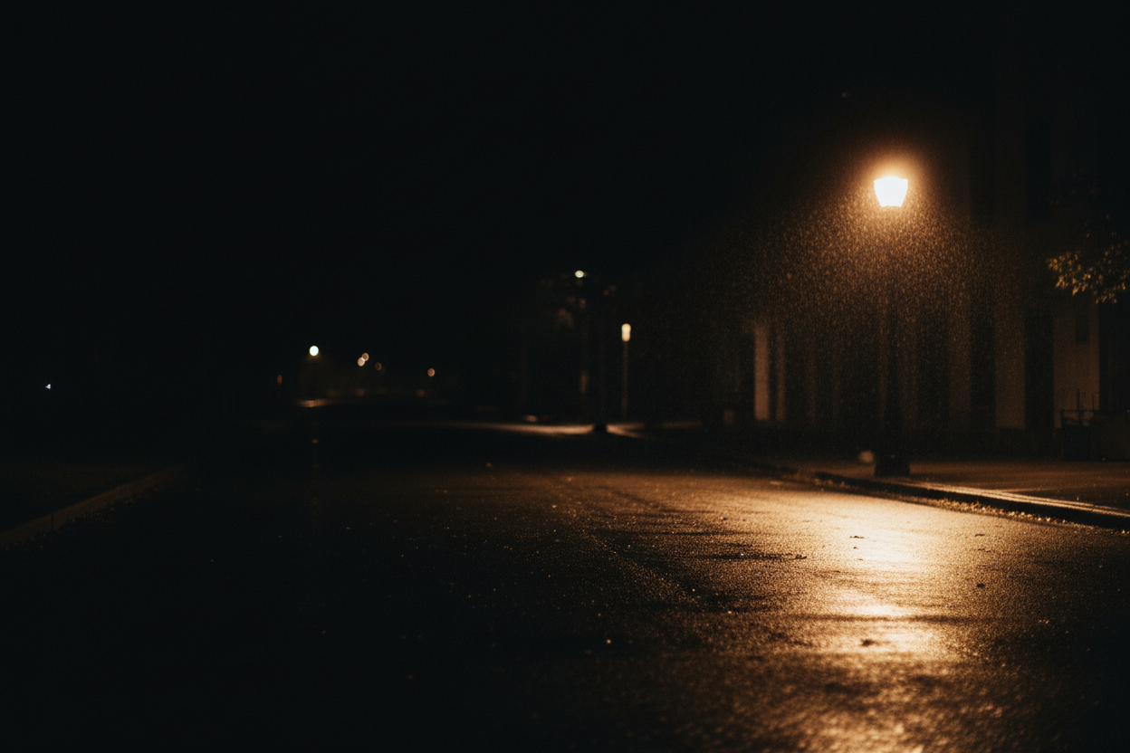 create a realistic pitch dark street with only one street light seen and a bit zoom in on the glow from that on the right side, make it a horizontal layout with left side empty and almost black.