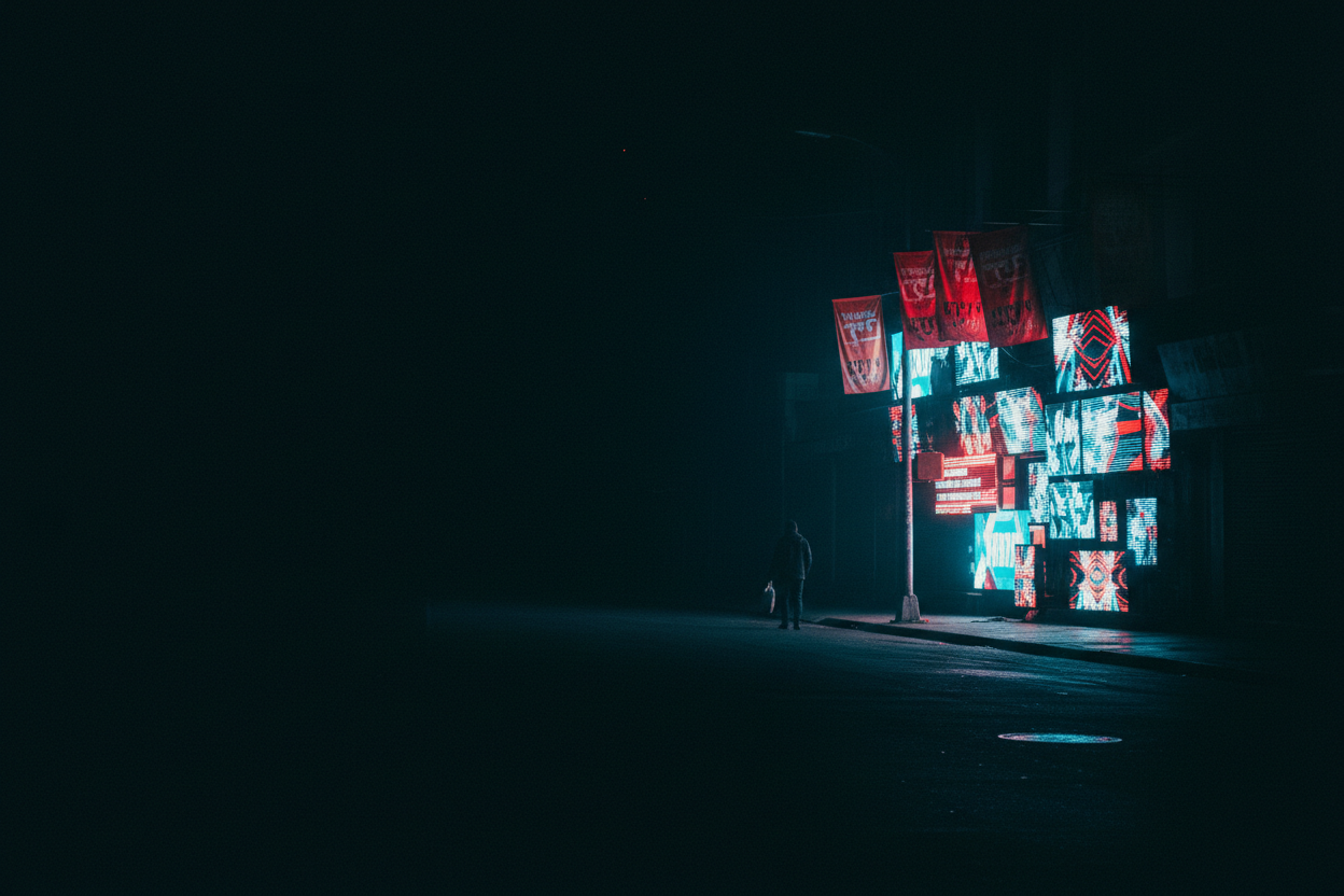 create an almost realistic street that is pitch dark but has some very small tv screens or banners lit up on the extreme right side corner like times square or vietnam market. keep the major part almost black and empty and make in a horizontal layout