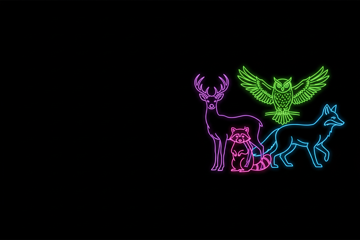 create neon glow outline of urban wildlife on a black background in horizontal panel  layout from center to right and leave left side empty for description