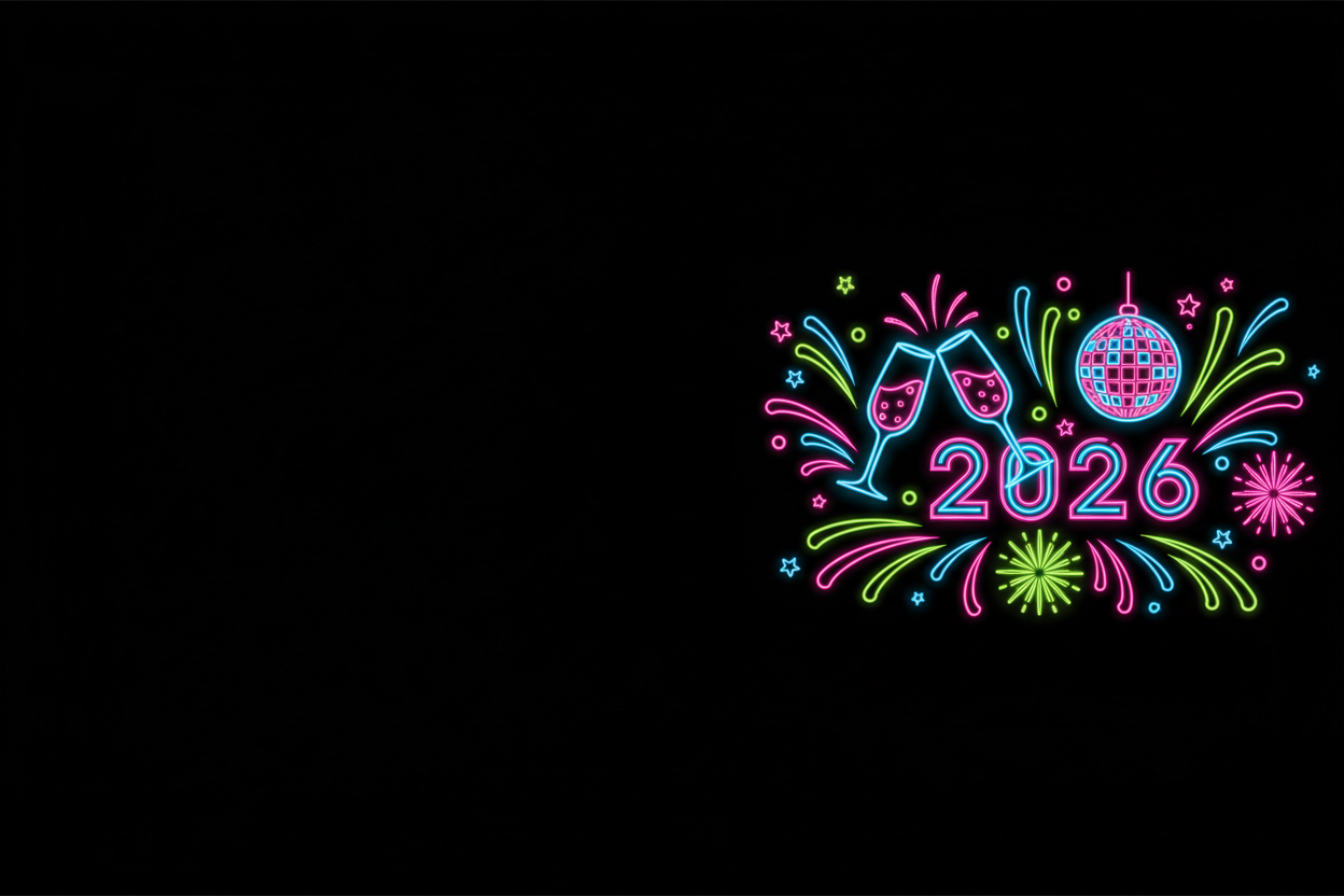generate 2026 new year party vibes in neon outline on black background on a horizontal panel on right side. leave center to left side empty for description.