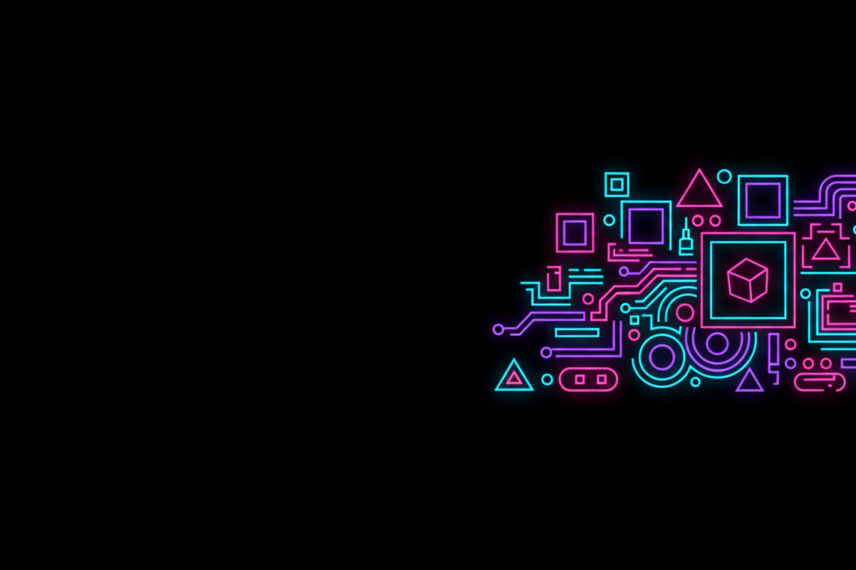 generate neon glow colors outline of theme showing bold aesthetic fun minimal design on black background from center to right of the horizontal panel and leave left side empty for description